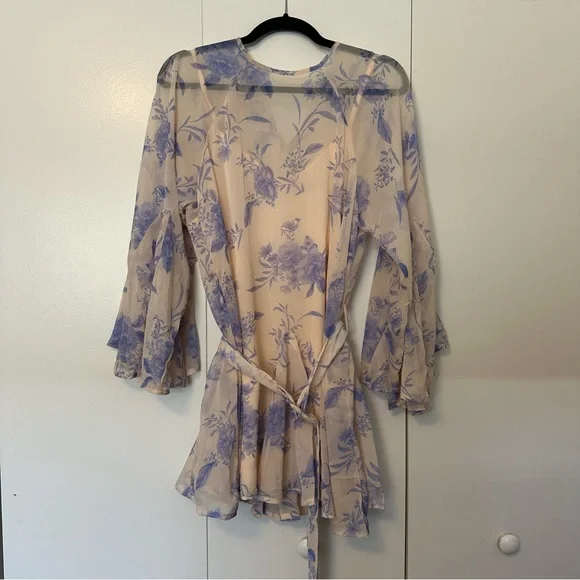 ASOS Petite Floral Chiffon Mini Dress | Blue & Beige - Picture 2 of 8